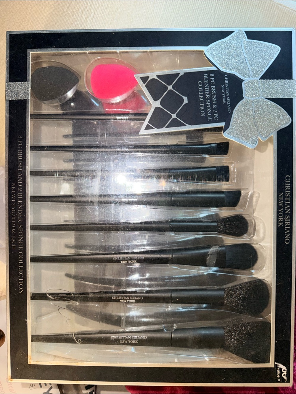 Christian Siriano Black Makeup Brush Set with Hot Pink Sponge